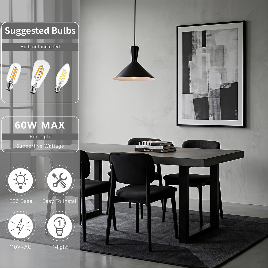 1-Light 13.8"W Black Metal Modern Cone Pendant With Marble Decoration For Kitchen Island Or Dining Room #19236