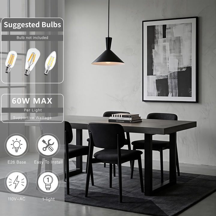 1-Light 13.8"W Black Metal Modern Cone Pendant With Marble Decoration For Kitchen Island Or Dining Room #19236