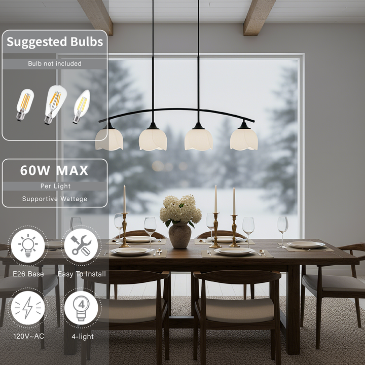 Twilight 4-Light 36"W Black/Brass Modern Linear Pendant Chandelier With Flower Frosted Glass Shades For Dining Room Or Kitchen Island #P39015