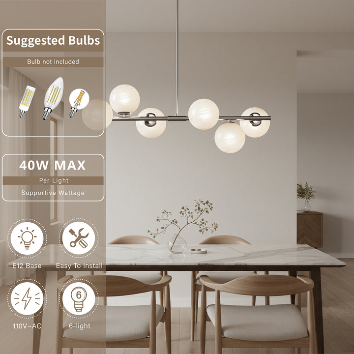 Nimbus 6-light Modern Liner Milky White Glass And Metal Chandelier For Living Room/dining Room #29009