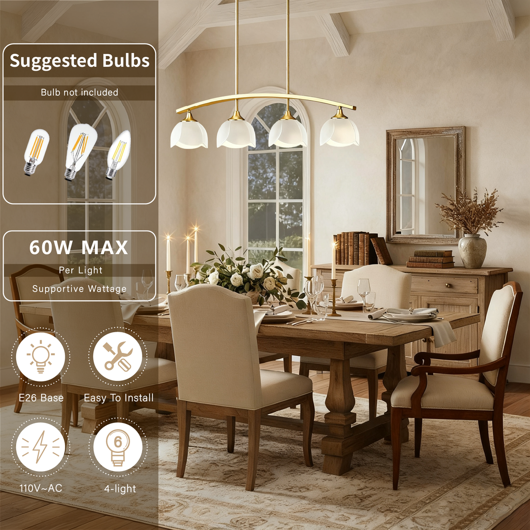 Twilight 4-Light 36"W Black/Brass Modern Linear Pendant Chandelier With Flower Frosted Glass Shades For Dining Room Or Kitchen Island #P39015