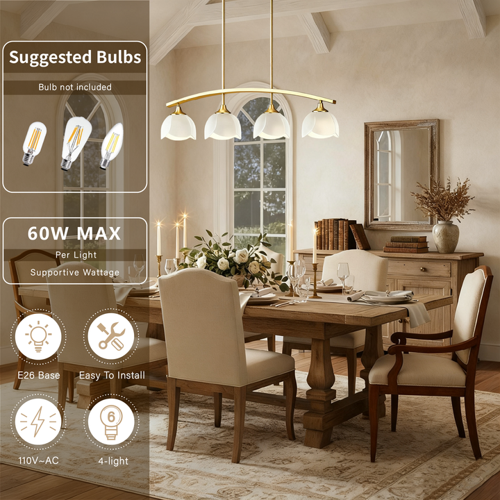 Twilight 4-Light 36"W Black/Brass Modern Linear Pendant Chandelier With Flower Frosted Glass Shades For Dining Room Or Kitchen Island #P39015