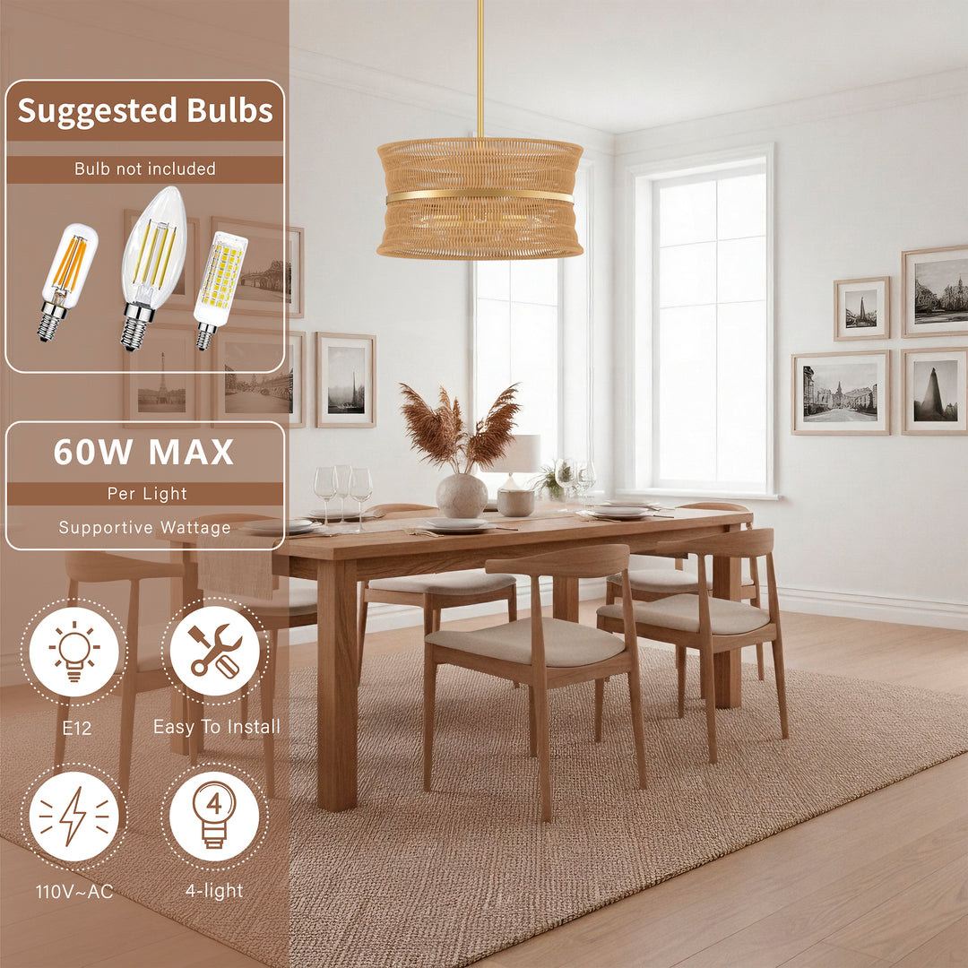 4-Light Rattan Shaded Drum Chandelier For Dinning Room #28026