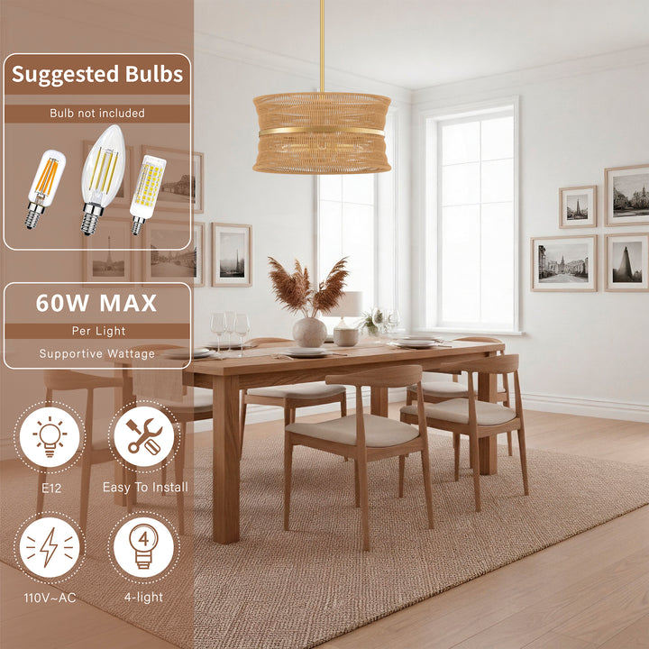 4-Light Rattan Shaded Drum Chandelier For Dinning Room #28026