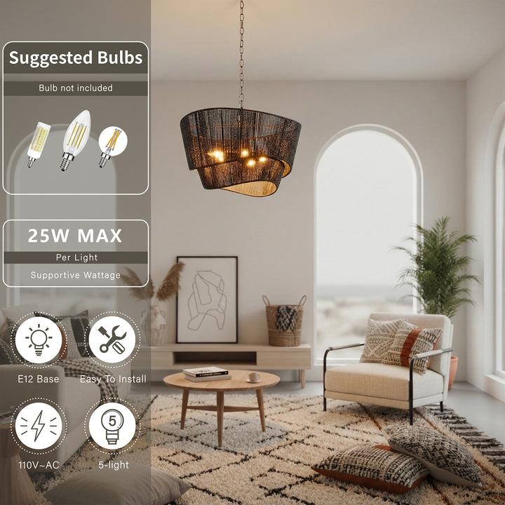 Solara 5-light Electroplated Brass Wood Ratten Paper Rope Chandelier For Living Room/bedroom #28010