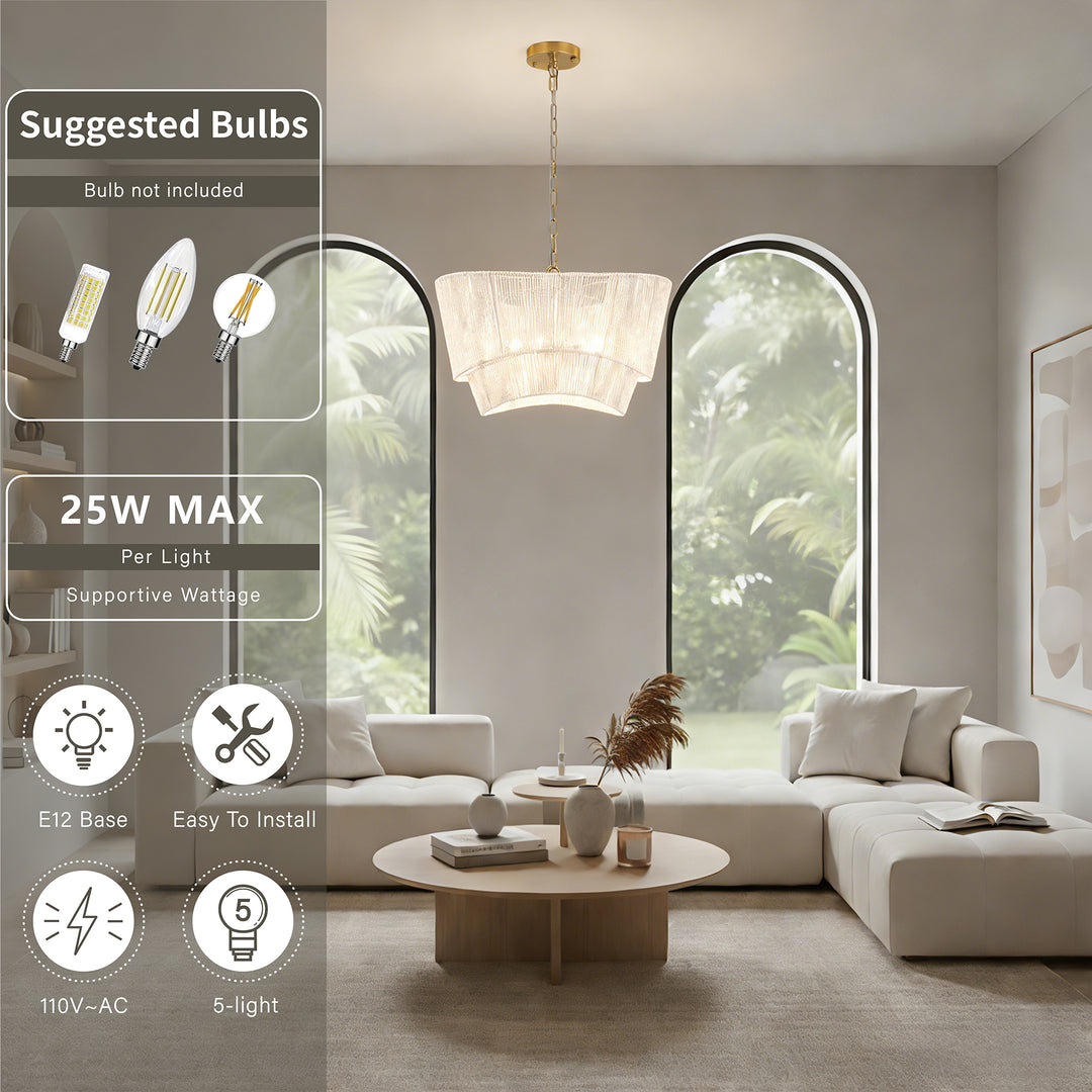 Solara 5-light Electroplated Brass Wood Ratten Paper Rope Chandelier For Living Room/bedroom #28010