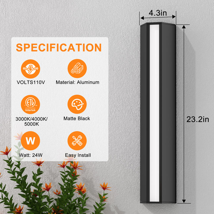 Natura 23'' H Dimmable Led Black Aluminum 3cct(3000k/4000k/5000k) Adjustable Oudoor Wall Light #OW7109