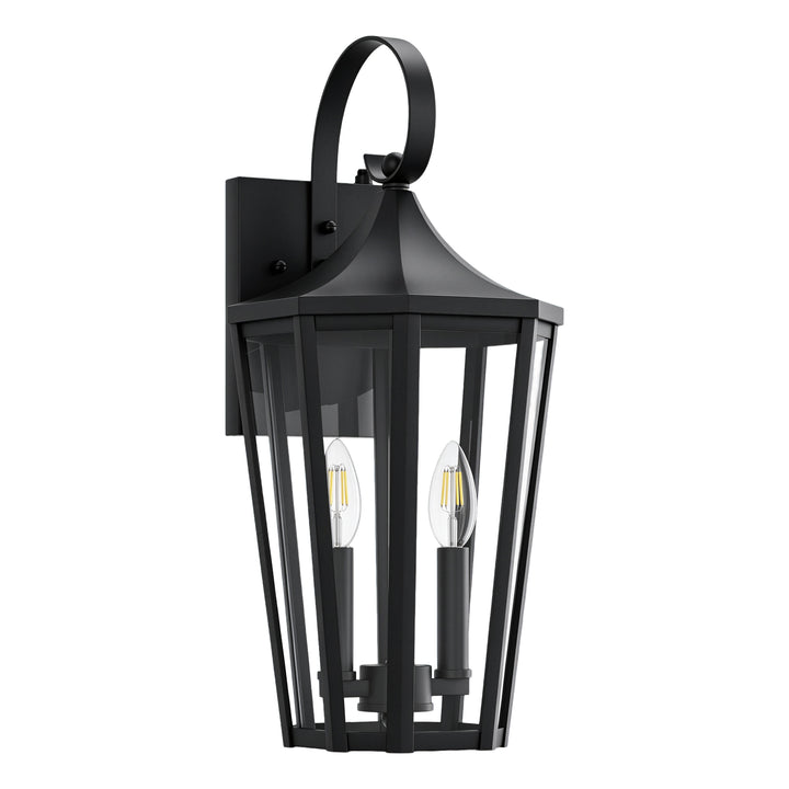 2-Light 19" Farmhouse Waterproof Outdoor Wall Lantern Sconce, Sand Grain Black Iron Frame &amp; Clear Tempered Glass, Hardwired Dusk to Dawn Photocell Exterior Front Porch Light