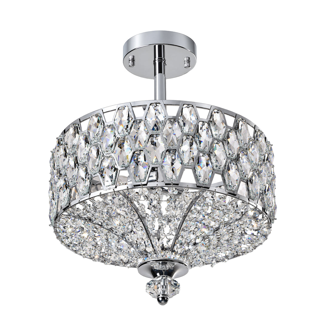 14" 3-Light Polished Brass Drum Semi-Flush Mount Ceiling Light with Crystal Accents for Living Room & Bedroom #19241
