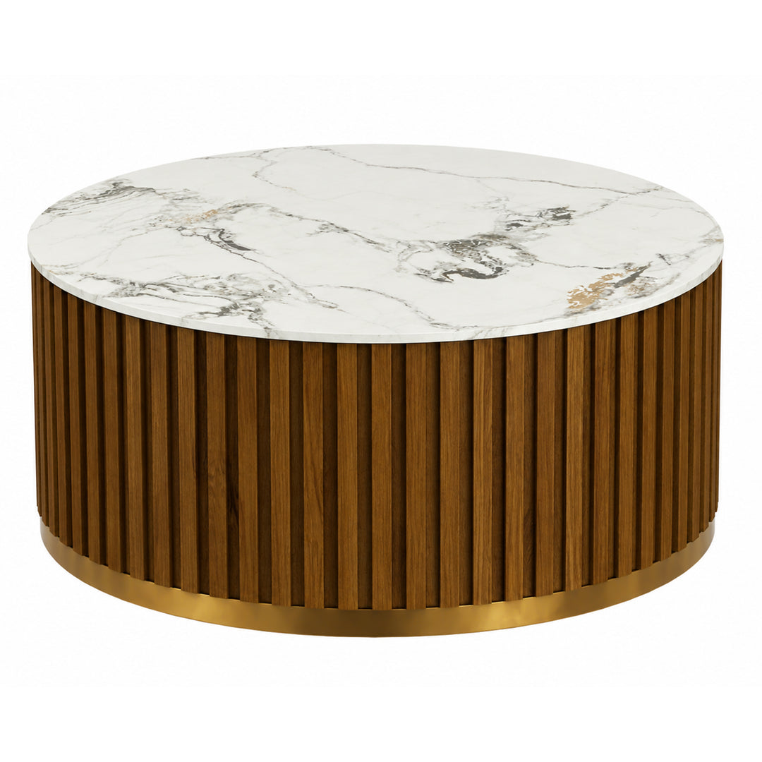 36" Solid Wood Round Drum Coffee Table with Sintered Stone Top #25049