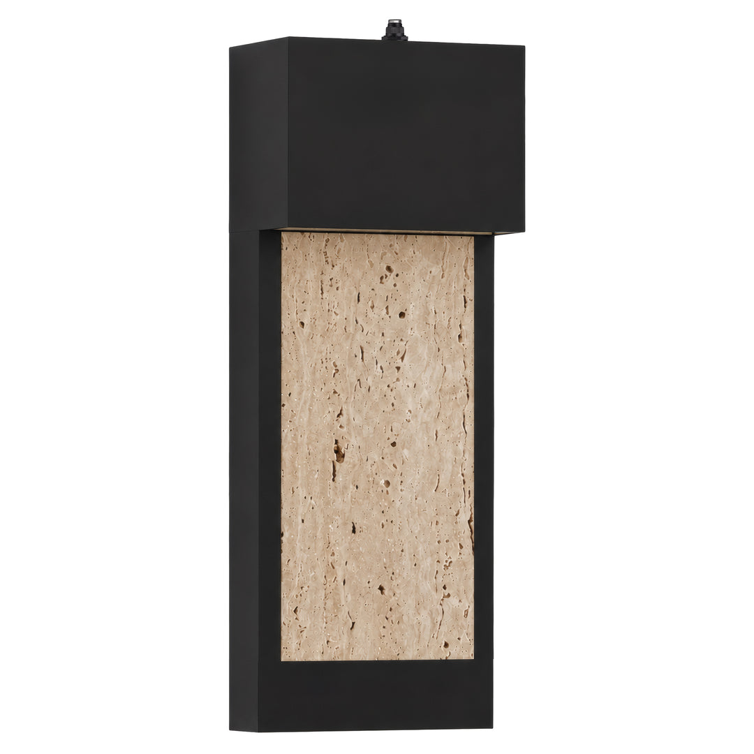 15.1" Modern LED Outdoor Wall Sconce, Dusk-to-Dawn Sensor, Dimmable 3000K, Travertine Stone &amp; Frosted Glass 