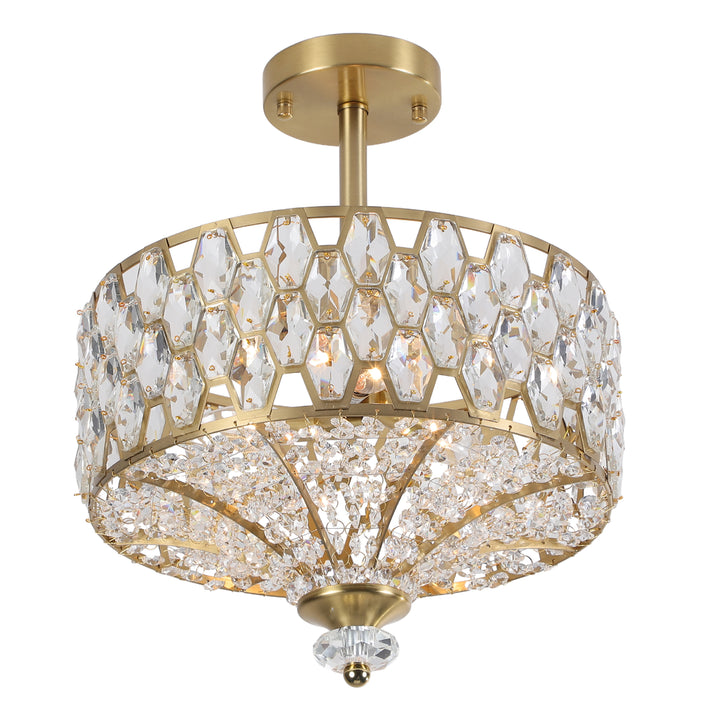 14" 3-Light Polished Brass Drum Semi-Flush Mount Ceiling Light with Crystal Accents for Living Room & Bedroom #19241
