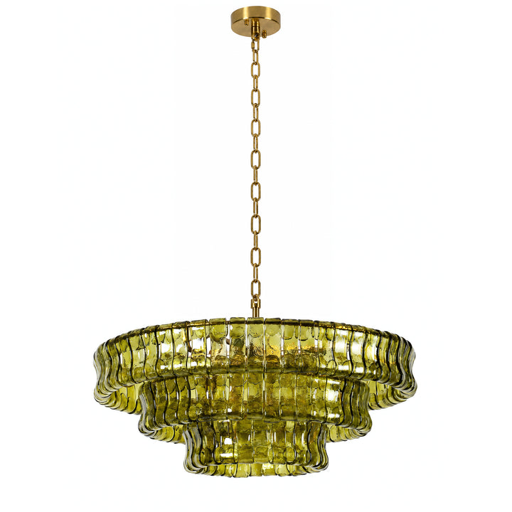 Lumen 9-Light 32"W Polished Brass Modern Tired Chandelier with Hand-Blown Amber Glass for Dining Room or Living Room 