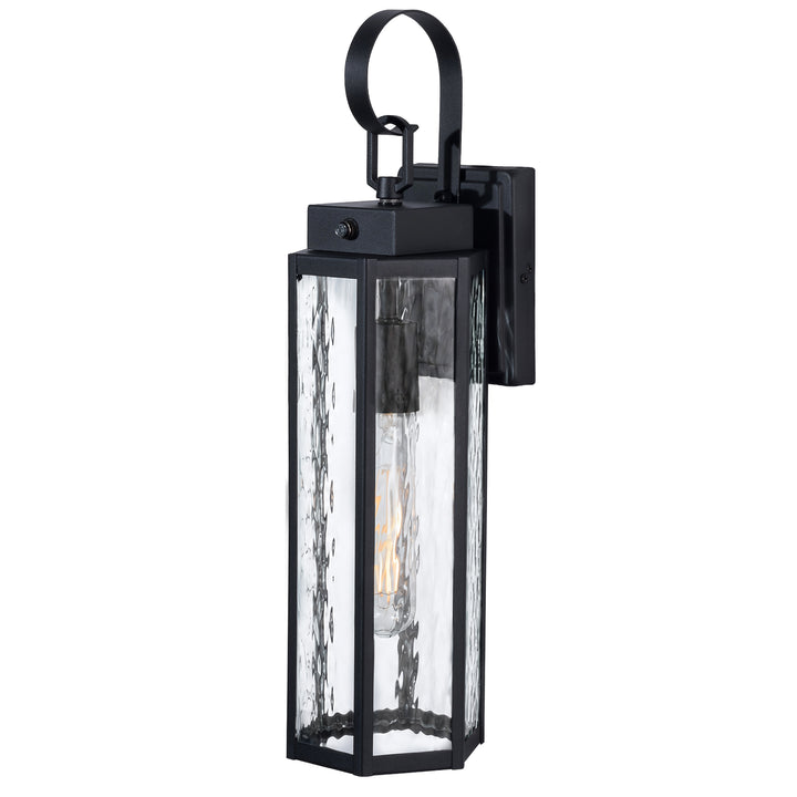 20" Farmhouse Outdoor Wall Sconce, Waterproof Dusk to Dawn Light with Matte Black Frame &amp; Water Ripple Glass 