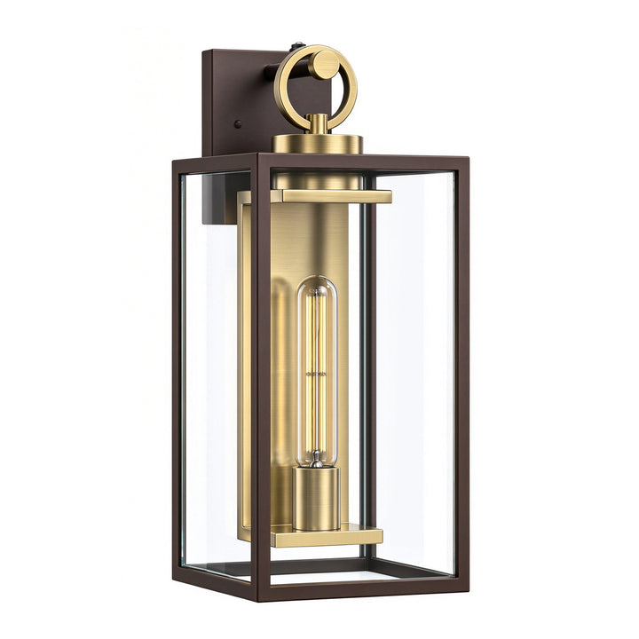 18.11" 1-Light Dusk-to-Dawn Outdoor Wall Sconce, Waterproof Matte Black Lantern with Clear Glass &amp; Brushed Gold Interior 