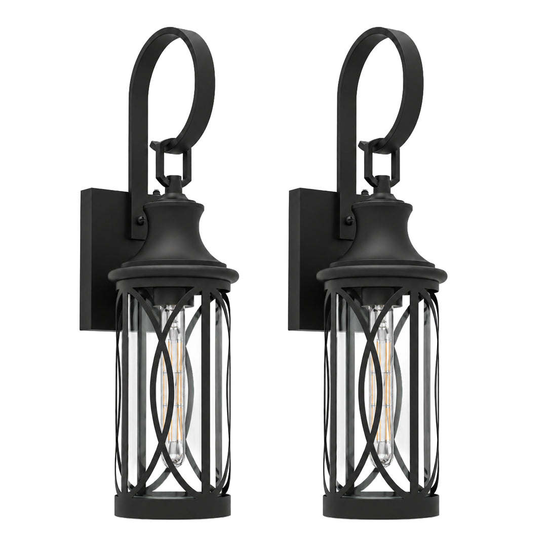 20" Farmhouse Outdoor Wall Sconces with Dusk-to-Dawn Sensor, Waterproof Matte Black Lanterns with Clear Glass, Set of 2 