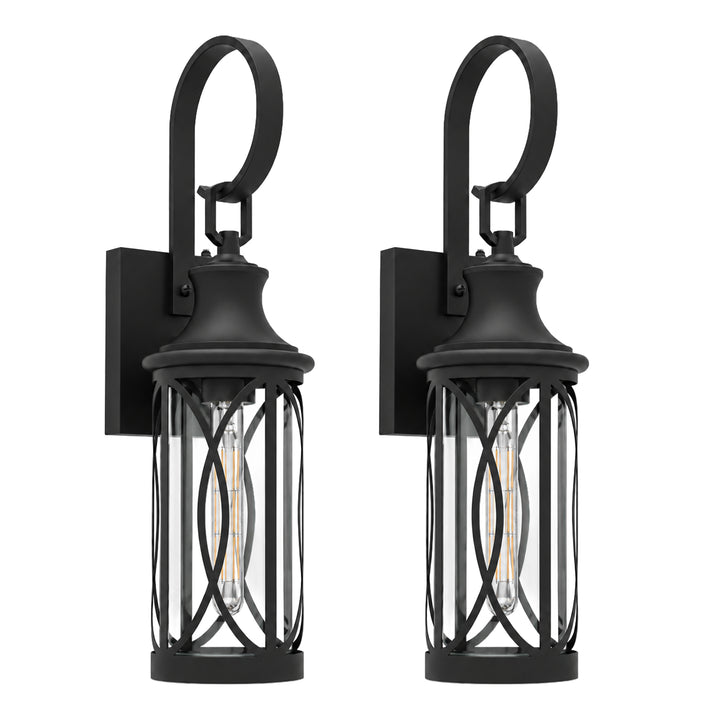 20" Farmhouse Outdoor Wall Sconces with Dusk-to-Dawn Sensor, Waterproof Matte Black Lanterns with Clear Glass, Set of 2 