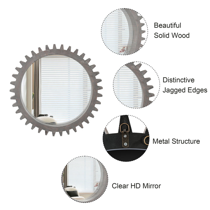 Wood Round Gear-Shaped Hanging Decorative Wall Mirror