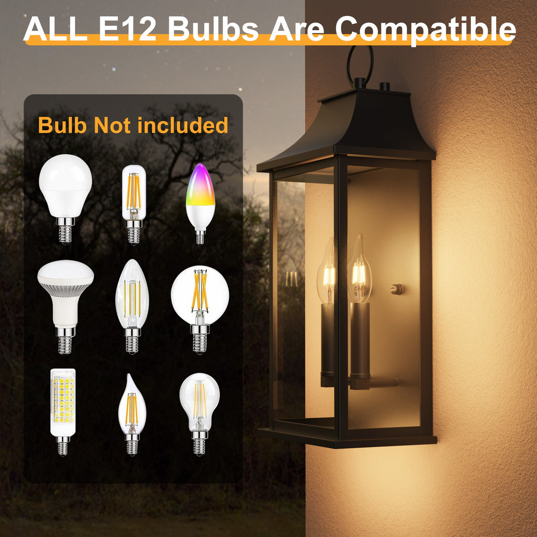 Lawyettle Black Outdoor Wall Light, 20.6-Inch Dusk to Dawn Sensor Exterior Lantern, Waterproof Porch Wall Sconce with 2-Light E12 Socket for Patio, Doorway, Garage #7076-2BK