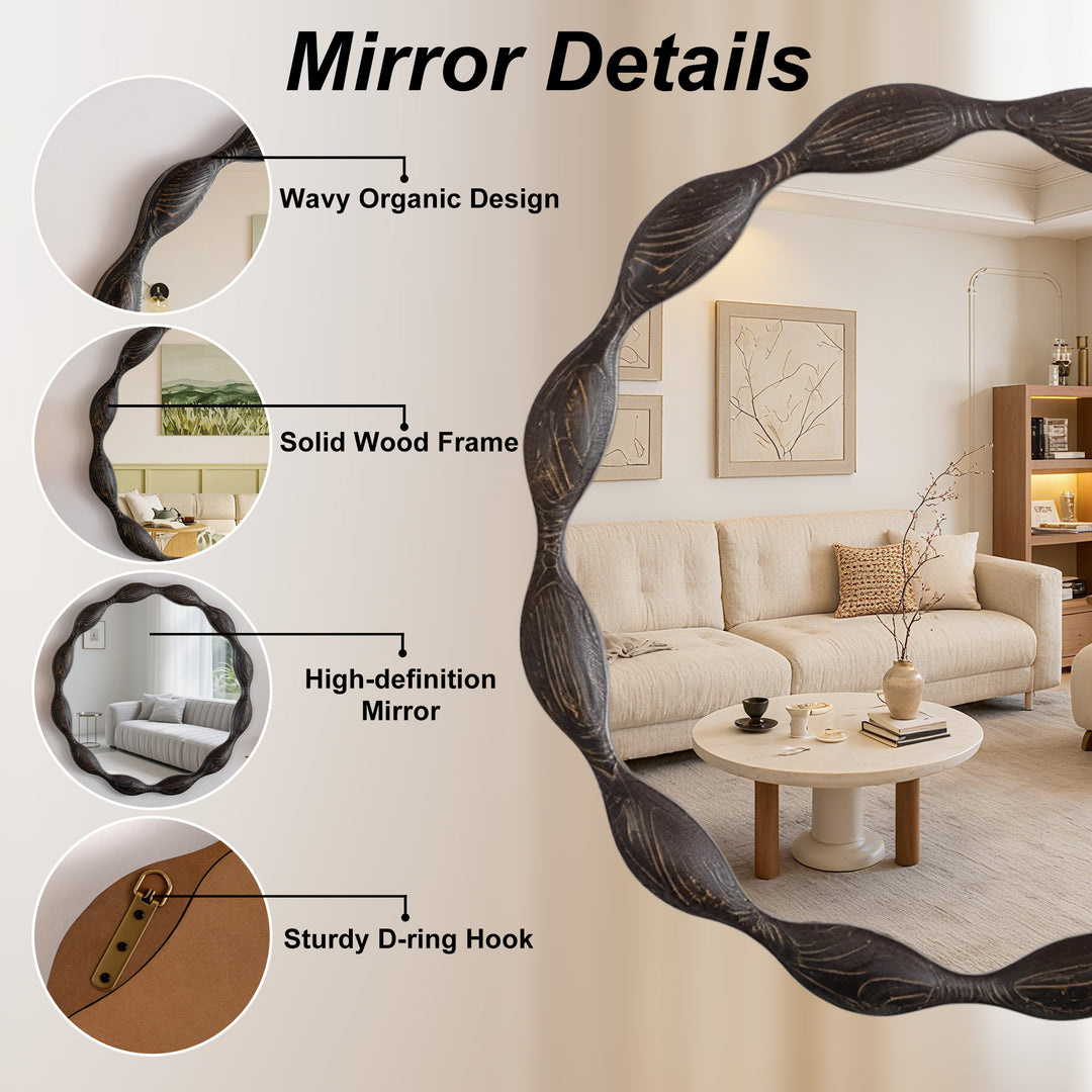 Clarity 32.5" Vintage Oval Solid Wood Framed Wavy Organic Design Wall Mounted Vanity Mirror #25036