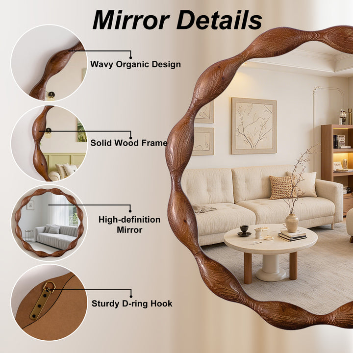 Clarity 32.5" Vintage Oval Solid Wood Framed Wavy Organic Design Wall Mounted Vanity Mirror #25036