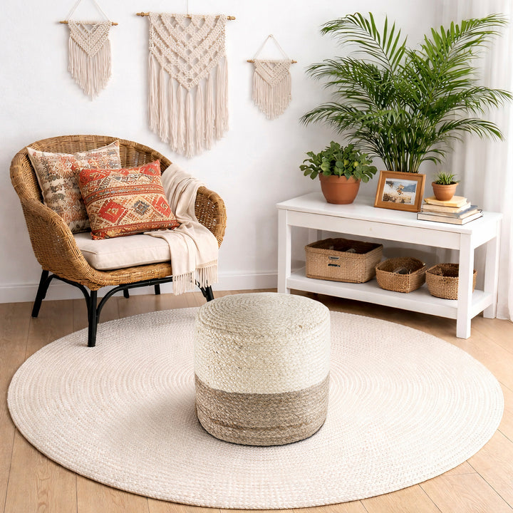 Tranquil 18" Wide Natural Jute Pouf Ottoman Hand-Braided Round Farmhouse Footrest Pouffe Floor Cushion For Living Room Bedroom #37PF