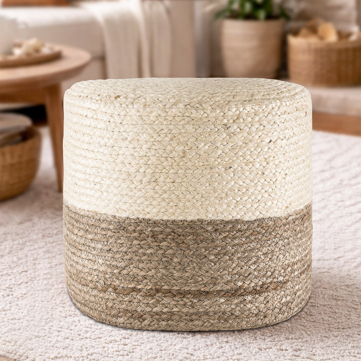 Tranquil 18" Wide Natural Jute Pouf Ottoman Hand-Braided Round Farmhouse Footrest Pouffe Floor Cushion For Living Room Bedroom #37PF