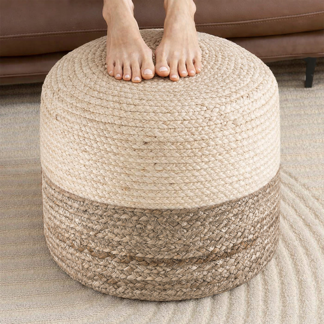 Tranquil 18" Wide Natural Jute Pouf Ottoman Hand-Braided Round Farmhouse Footrest Pouffe Floor Cushion For Living Room Bedroom #37PF