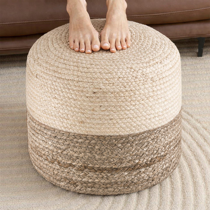Tranquil 18" Wide Natural Jute Pouf Ottoman Hand-Braided Round Farmhouse Footrest Pouffe Floor Cushion For Living Room Bedroom #37PF