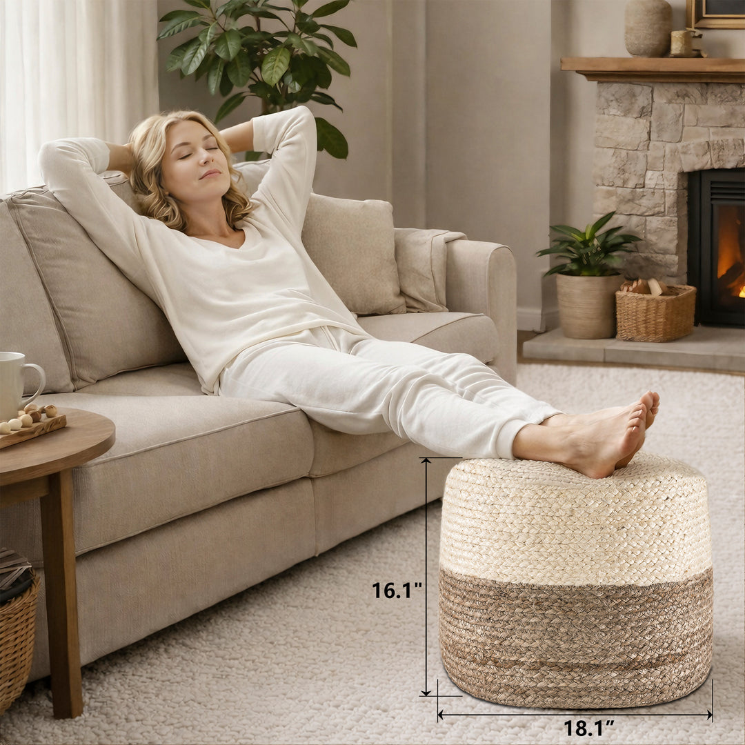Tranquil 18" Wide Natural Jute Pouf Ottoman Hand-Braided Round Farmhouse Footrest Pouffe Floor Cushion For Living Room Bedroom #37PF