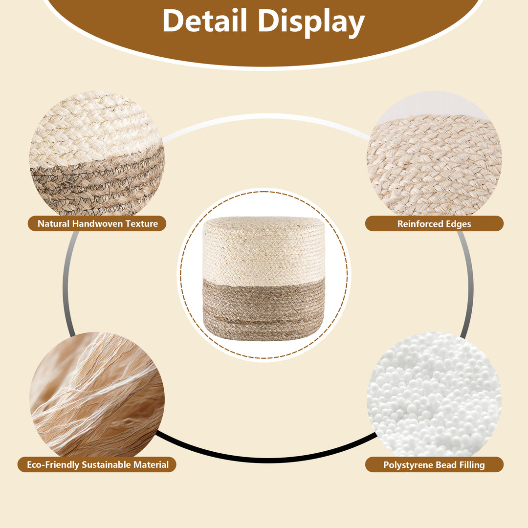 Tranquil 18" Wide Natural Jute Pouf Ottoman Hand-Braided Round Farmhouse Footrest Pouffe Floor Cushion For Living Room Bedroom #37PF