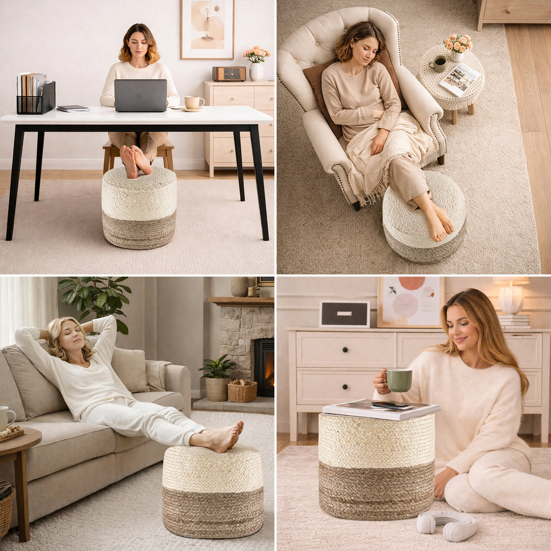 Tranquil 18" Wide Natural Jute Pouf Ottoman Hand-Braided Round Farmhouse Footrest Pouffe Floor Cushion For Living Room Bedroom #37PF