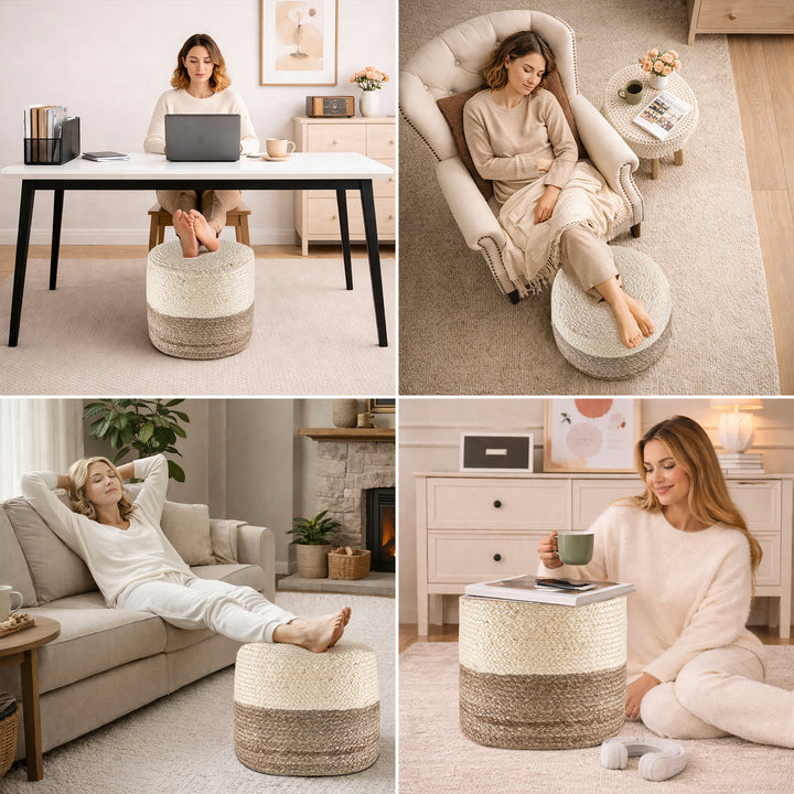 Tranquil 18" Wide Natural Jute Pouf Ottoman Hand-Braided Round Farmhouse Footrest Pouffe Floor Cushion For Living Room Bedroom #37PF