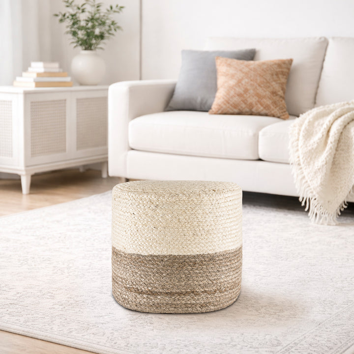 Tranquil 18" Wide Natural Jute Pouf Ottoman Hand-Braided Round Farmhouse Footrest Pouffe Floor Cushion For Living Room Bedroom #37PF