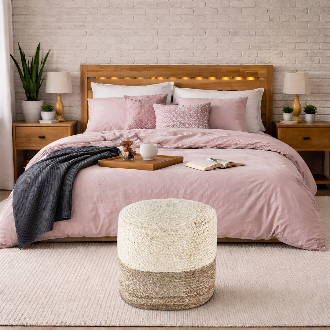 Tranquil 18" Wide Natural Jute Pouf Ottoman Hand-Braided Round Farmhouse Footrest Pouffe Floor Cushion For Living Room Bedroom #37PF