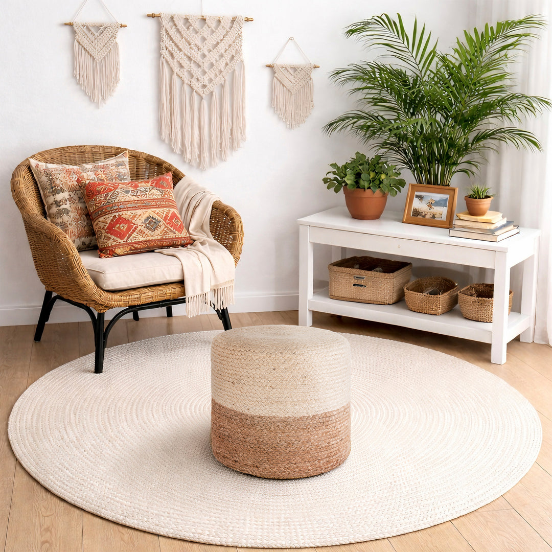 Tranquil 18" Wide Natural Jute Pouf Ottoman Hand-Braided Round Farmhouse Footrest Pouffe Floor Cushion For Living Room Bedroom #37PF