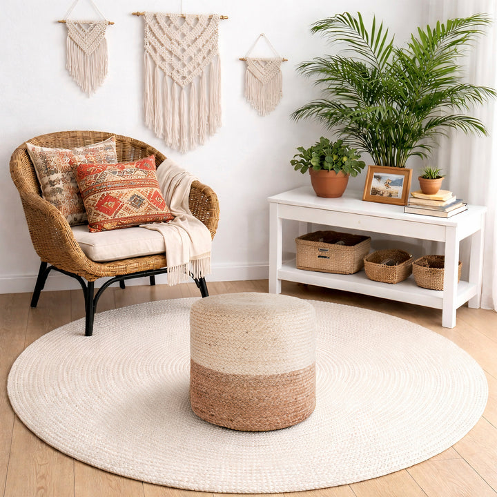 Tranquil 18" Wide Natural Jute Pouf Ottoman Hand-Braided Round Farmhouse Footrest Pouffe Floor Cushion For Living Room Bedroom #37PF
