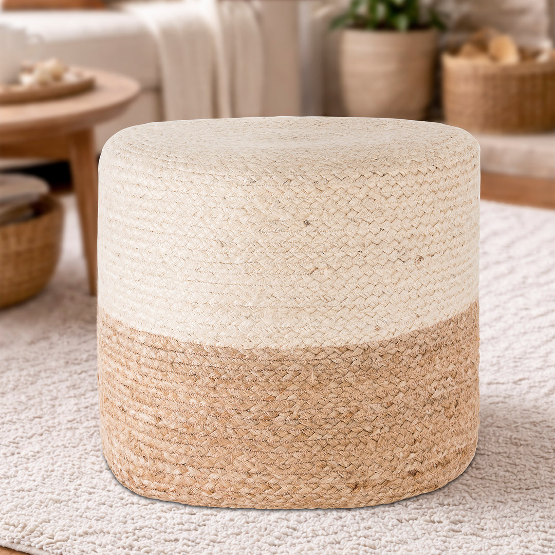Tranquil 18" Wide Natural Jute Pouf Ottoman Hand-Braided Round Farmhouse Footrest Pouffe Floor Cushion For Living Room Bedroom #37PF