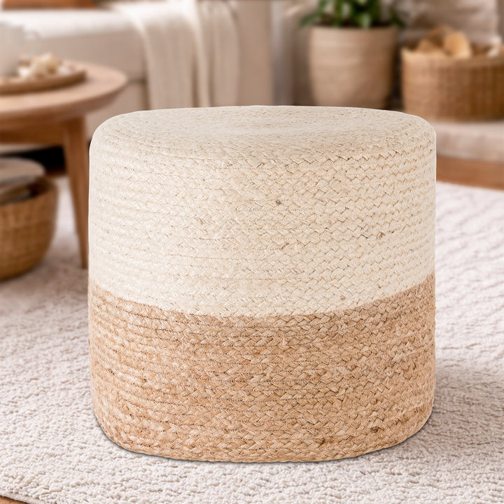 Tranquil 18" Wide Natural Jute Pouf Ottoman Hand-Braided Round Farmhouse Footrest Pouffe Floor Cushion For Living Room Bedroom #37PF