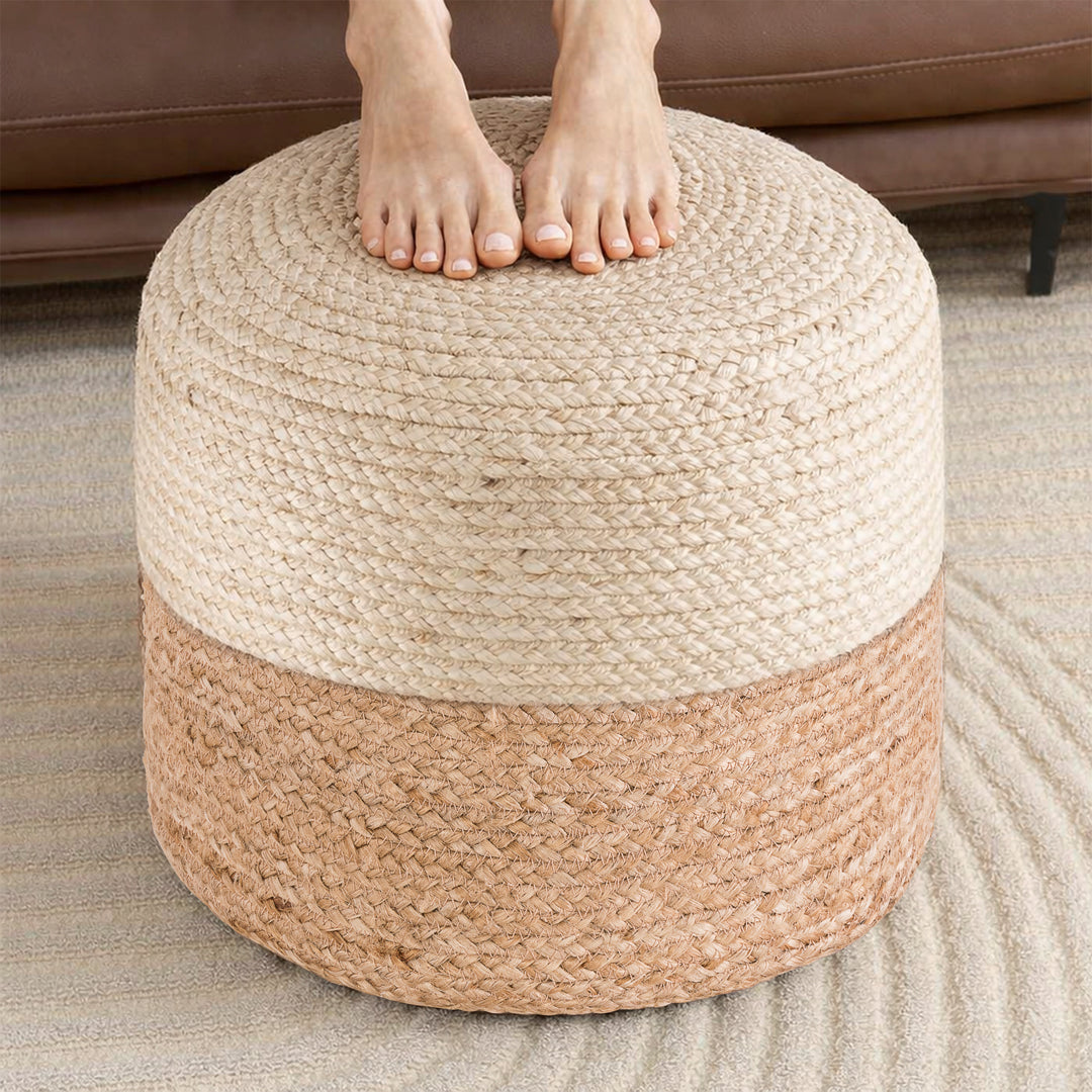 Tranquil 18" Wide Natural Jute Pouf Ottoman Hand-Braided Round Farmhouse Footrest Pouffe Floor Cushion For Living Room Bedroom #37PF