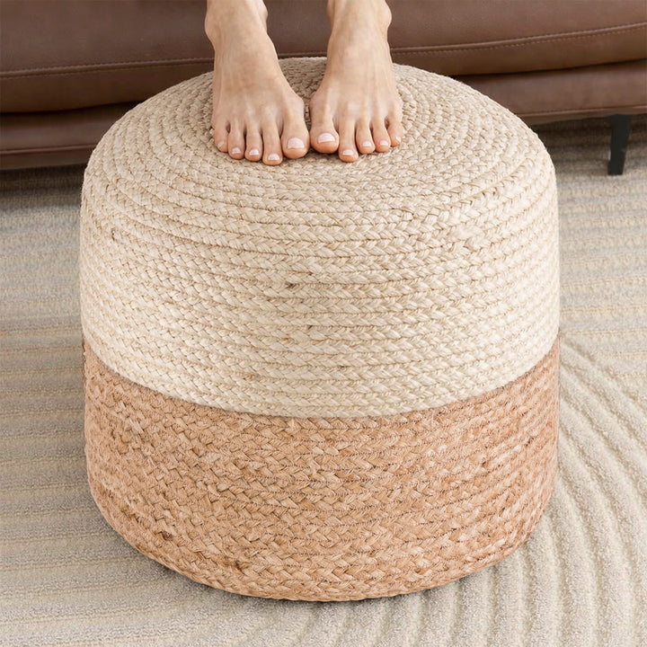 Tranquil 18" Wide Natural Jute Pouf Ottoman Hand-Braided Round Farmhouse Footrest Pouffe Floor Cushion For Living Room Bedroom #37PF
