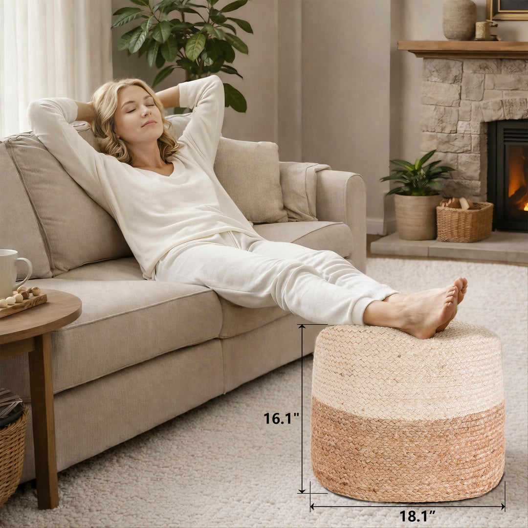 Tranquil 18" Wide Natural Jute Pouf Ottoman Hand-Braided Round Farmhouse Footrest Pouffe Floor Cushion For Living Room Bedroom #37PF