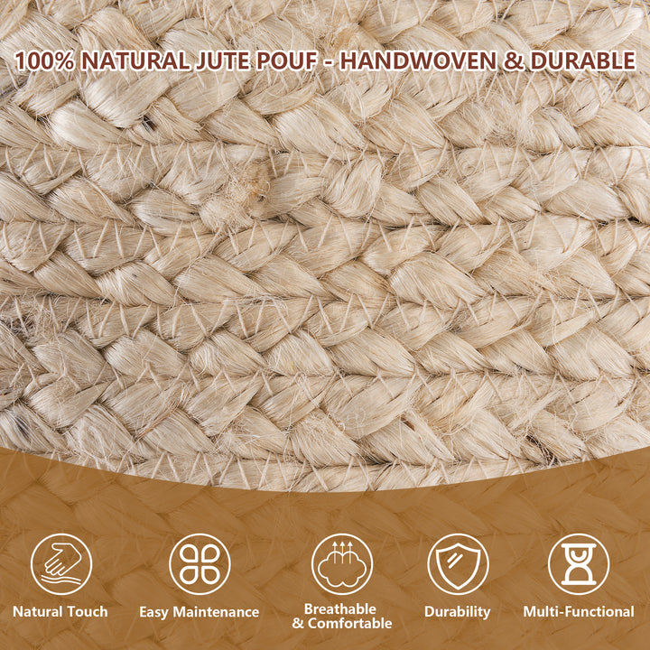 Tranquil 18" Wide Natural Jute Pouf Ottoman Hand-Braided Round Farmhouse Footrest Pouffe Floor Cushion For Living Room Bedroom #37PF