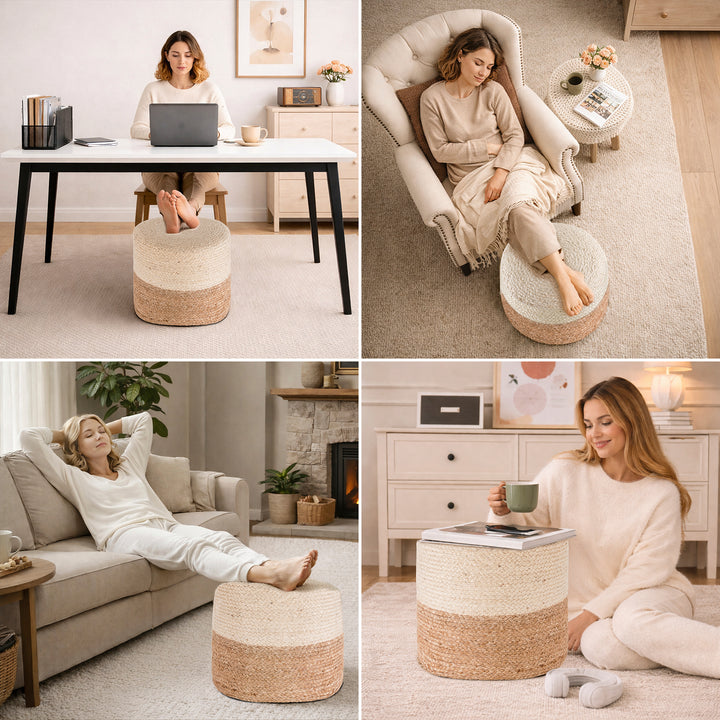 Tranquil 18" Wide Natural Jute Pouf Ottoman Hand-Braided Round Farmhouse Footrest Pouffe Floor Cushion For Living Room Bedroom #37PF
