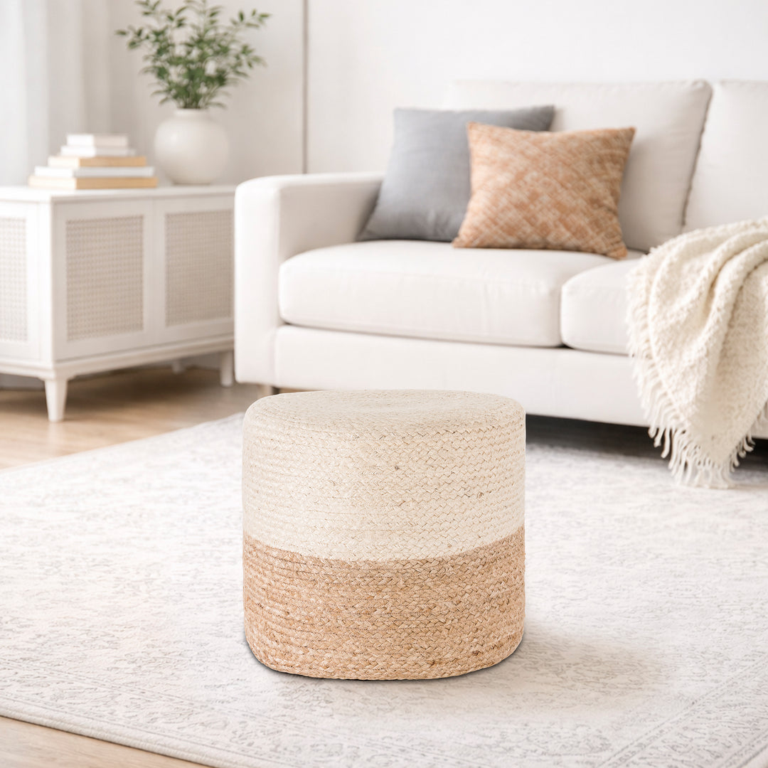 Tranquil 18" Wide Natural Jute Pouf Ottoman Hand-Braided Round Farmhouse Footrest Pouffe Floor Cushion For Living Room Bedroom #37PF
