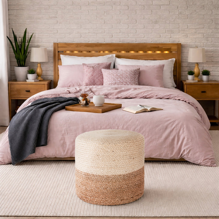 Tranquil 18" Wide Natural Jute Pouf Ottoman Hand-Braided Round Farmhouse Footrest Pouffe Floor Cushion For Living Room Bedroom #37PF