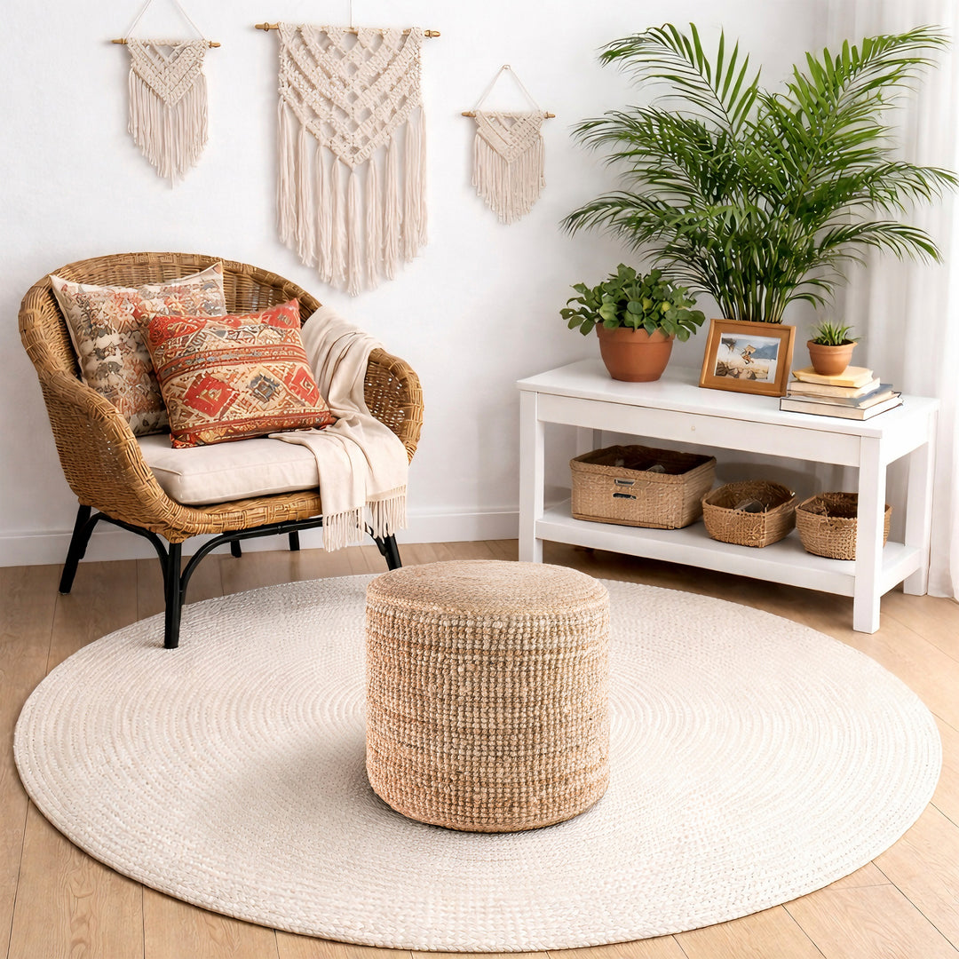 Tranquil 18" Wide Natural Jute Pouf Ottoman Hand-Braided Round Farmhouse Footrest Pouffe Floor Cushion For Living Room Bedroom #37PF