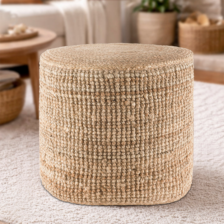 Tranquil 18" Wide Natural Jute Pouf Ottoman Hand-Braided Round Farmhouse Footrest Pouffe Floor Cushion For Living Room Bedroom #37PF