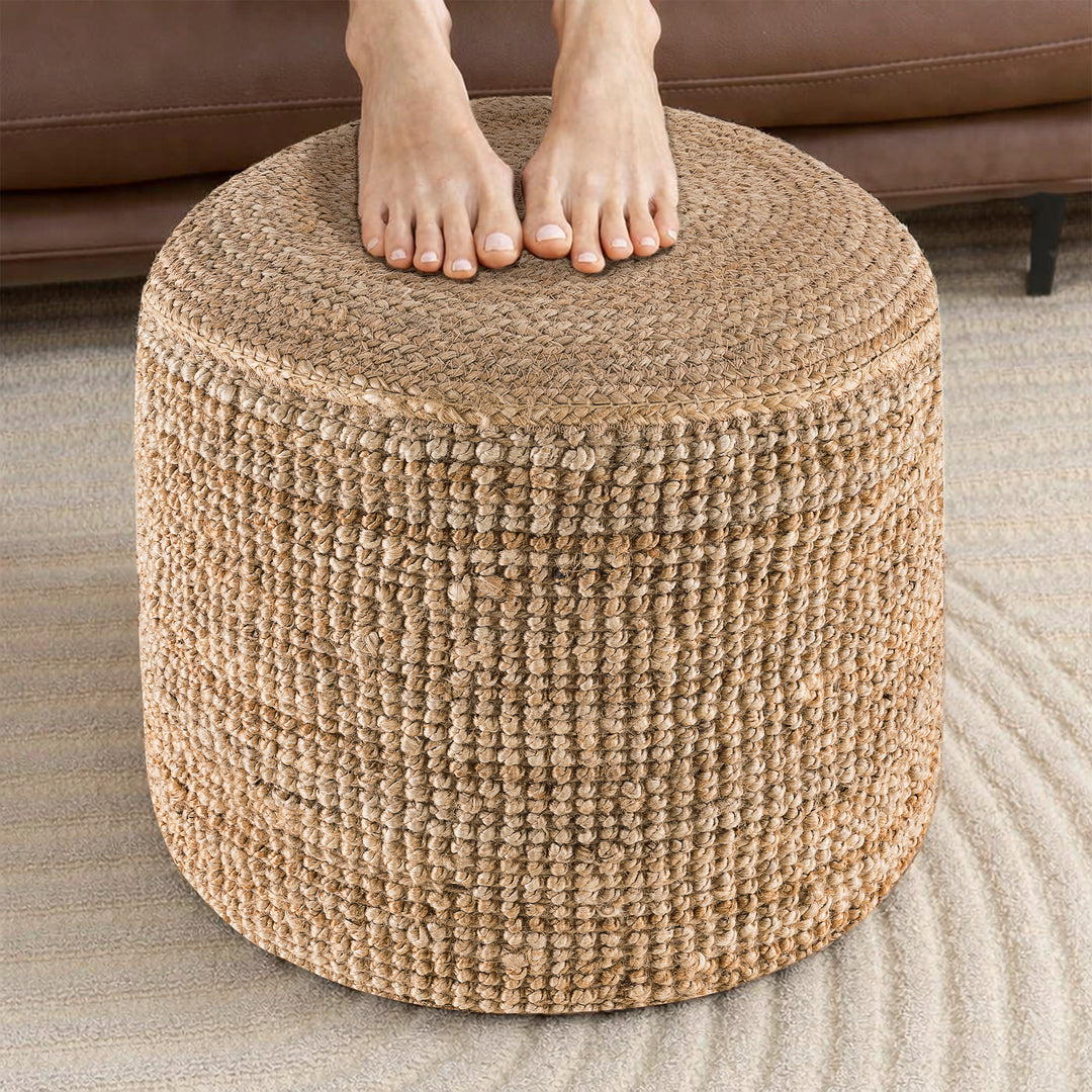 Tranquil 18" Wide Natural Jute Pouf Ottoman Hand-Braided Round Farmhouse Footrest Pouffe Floor Cushion For Living Room Bedroom #37PF