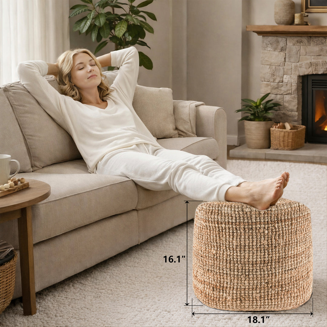 Tranquil 18" Wide Natural Jute Pouf Ottoman Hand-Braided Round Farmhouse Footrest Pouffe Floor Cushion For Living Room Bedroom #37PF